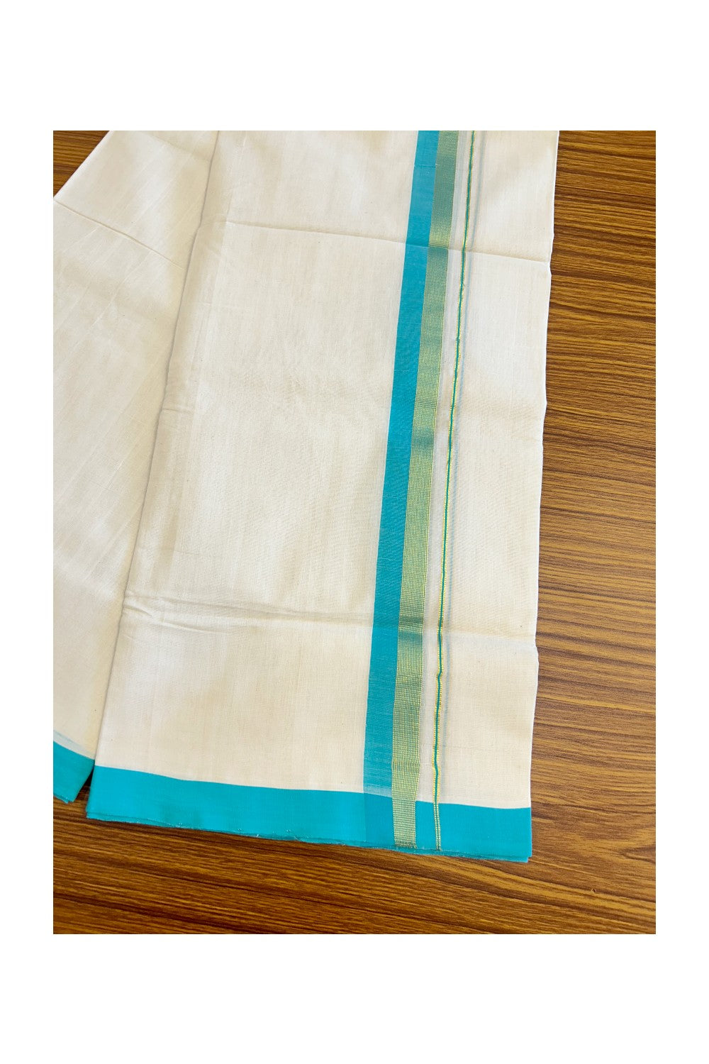 21% Discount KaithariKada HANDLOOM Unakkupaav Balaramapuram - 100% PURE Cotton Off White (Unbleached) Double Mundu/Dhoti -  1.75 inch Kasavu & Turquoise Blue-211