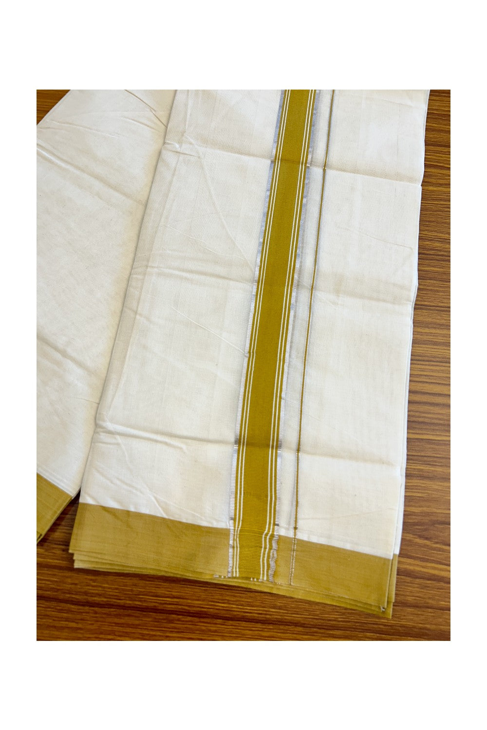 35% Discount !! KaithariKada Balaramapuram 100% Cotton Double Off white -(Unbleached) Mundu/Dhoti-100x100 - 2.25inch Silver Kasavu & Mustard Yellow Striped Kara- 9KK5045ASH