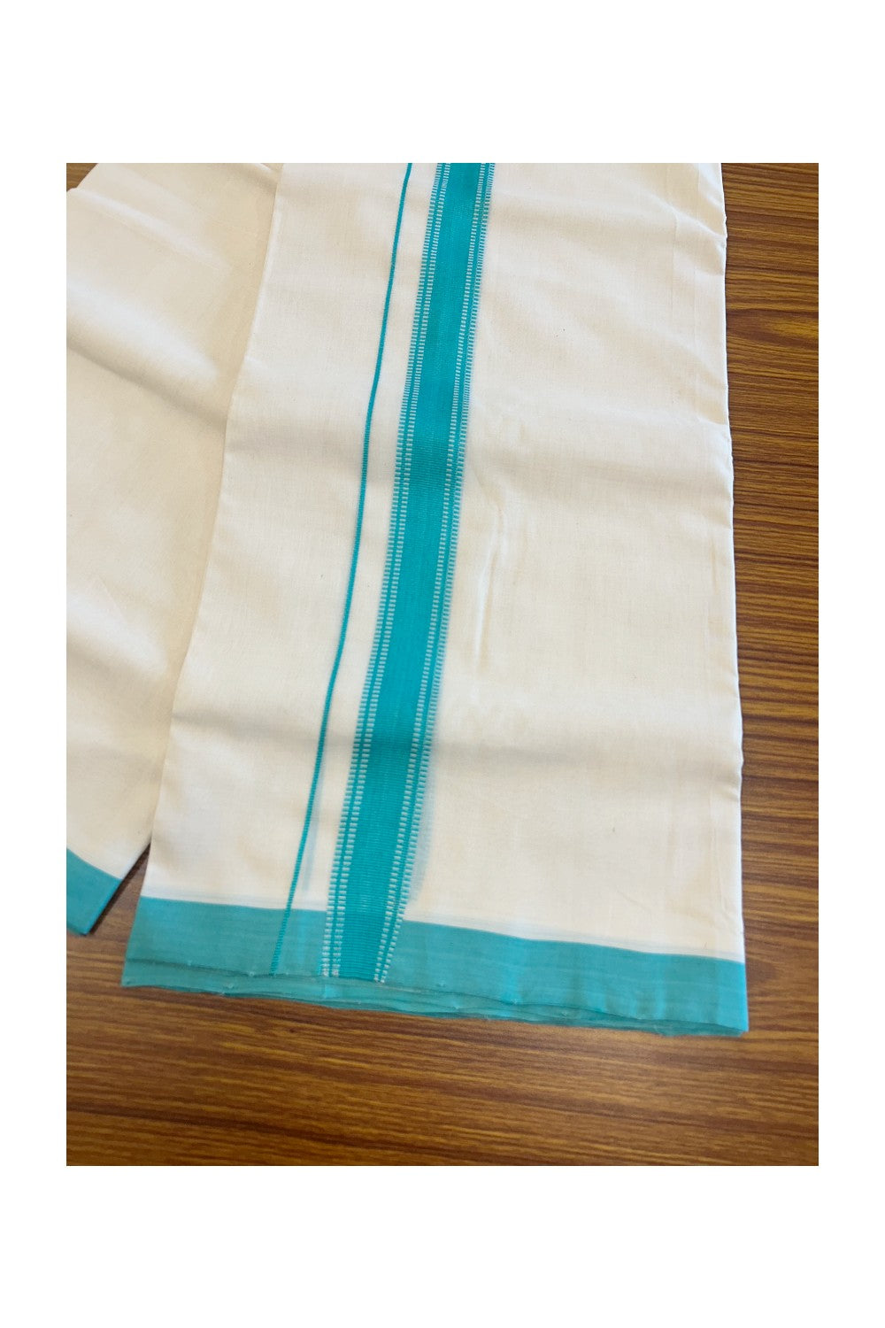 34% DISCOUNT!! KaithariKada HANDLOOM UNAKKUPAAV Balaramapuram - 100% PURE Cotton OFF White Double - (Unbleached) Mundu/Dothi - 1.75 inch Turquoise Design Kara - 9KK5049REA