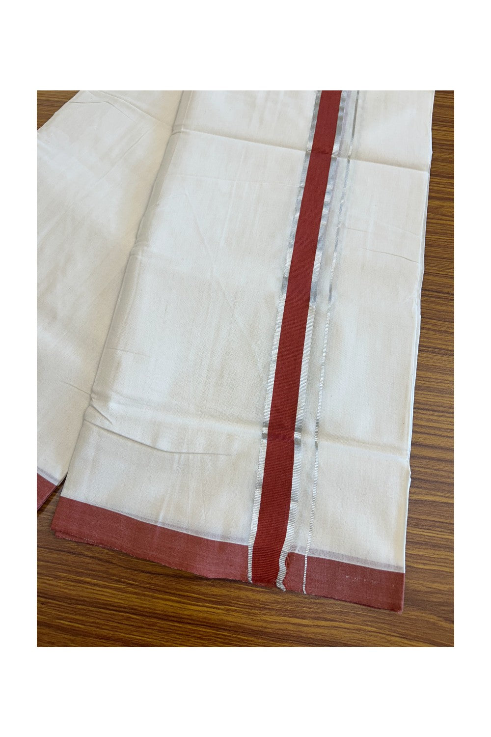 15% DISCOUNT! KaithariKada BALARAMAPURAM HANDLOOM UNAKKUPAAV - 100% PURE Cotton Off white (Unbleached) Double Mundu/Dhoti -  1.75inch Silver Kasavu & Brick Red Stripes Kara-69