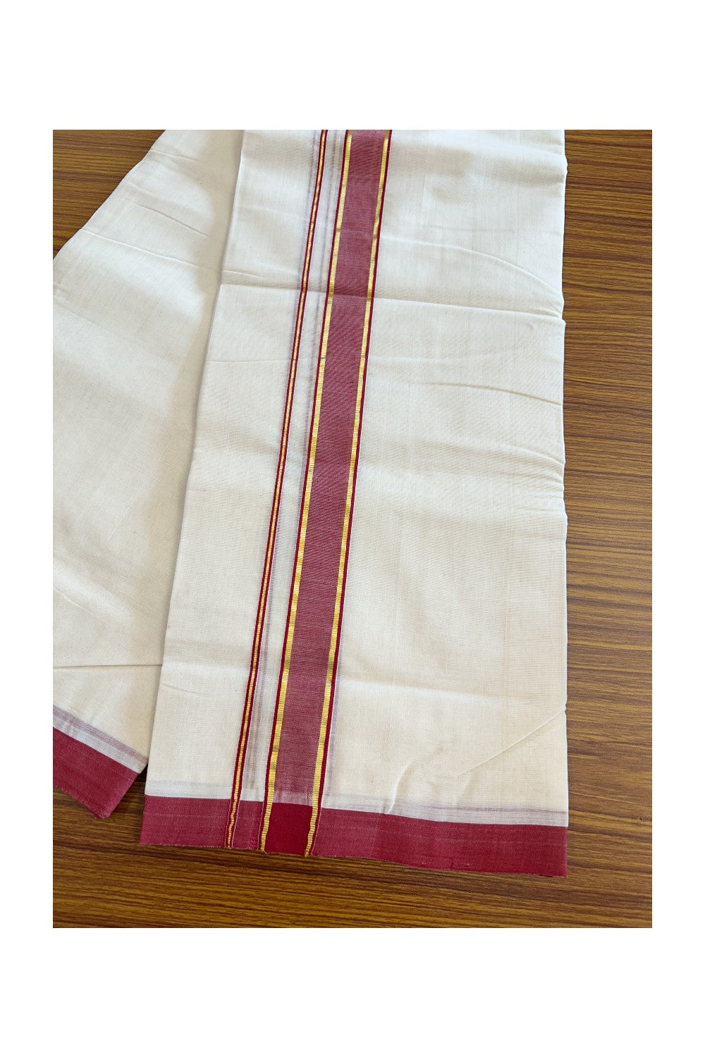 19% DISCOUNT!! KaithariKada HANDLOOM Millpaav Balaramapuram - 100% PURE Cotton OFF White - (Unbleached) Double Mundu/Dothi - 2 Inch Kasavu & Red striped Kara - 9KK5065KK