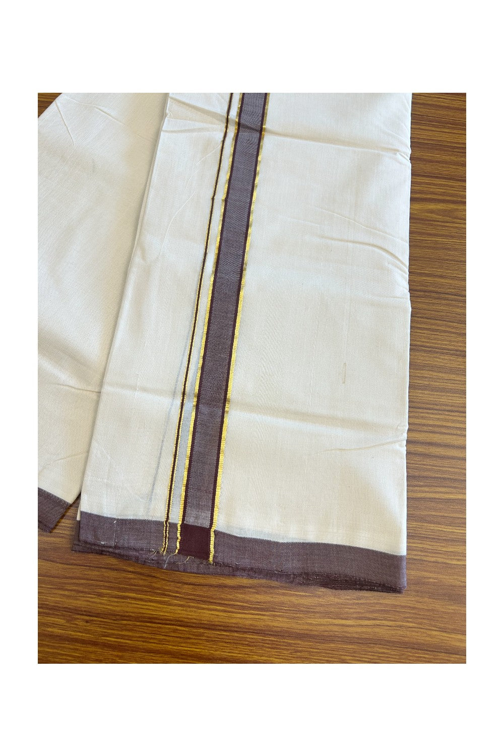 15% DISCOUNT! KaithariKada BALARAMAPURAM HANDLOOM Unakkupaav- 100% PURE Cotton 100x100 Double Mundu/Dhoti OFF WHITE (Unbleached) 3.8 mtr - Brown & Kasavu Kara