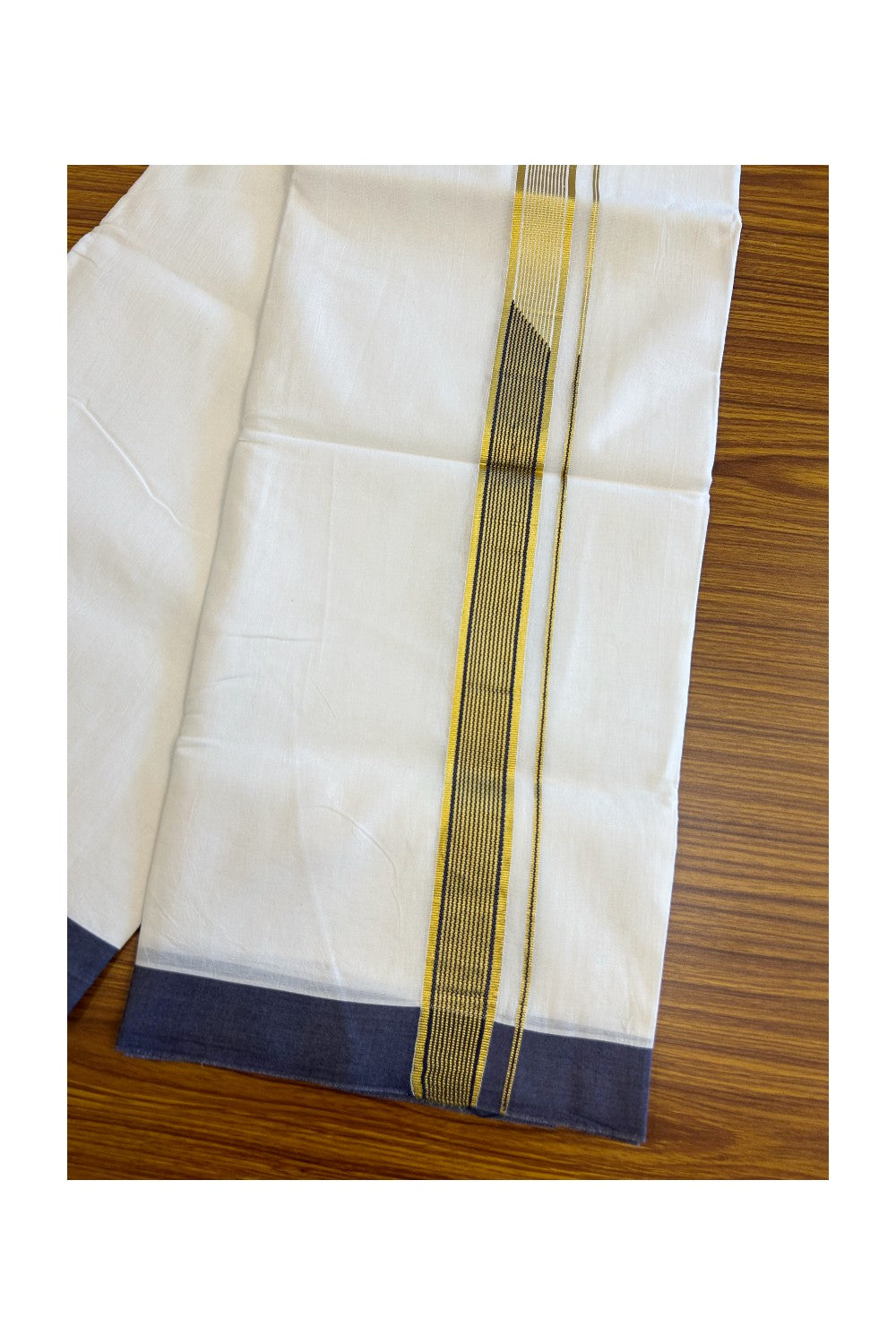 16% DISCOUNT! KaithariKada Balaramapuram 100% Cotton PURE white Double Mundu/Dhoti - 100x100 1.75 inch Chutty Heavy Designer Navy Blue & Kasavu Kara - 9KK5067KK