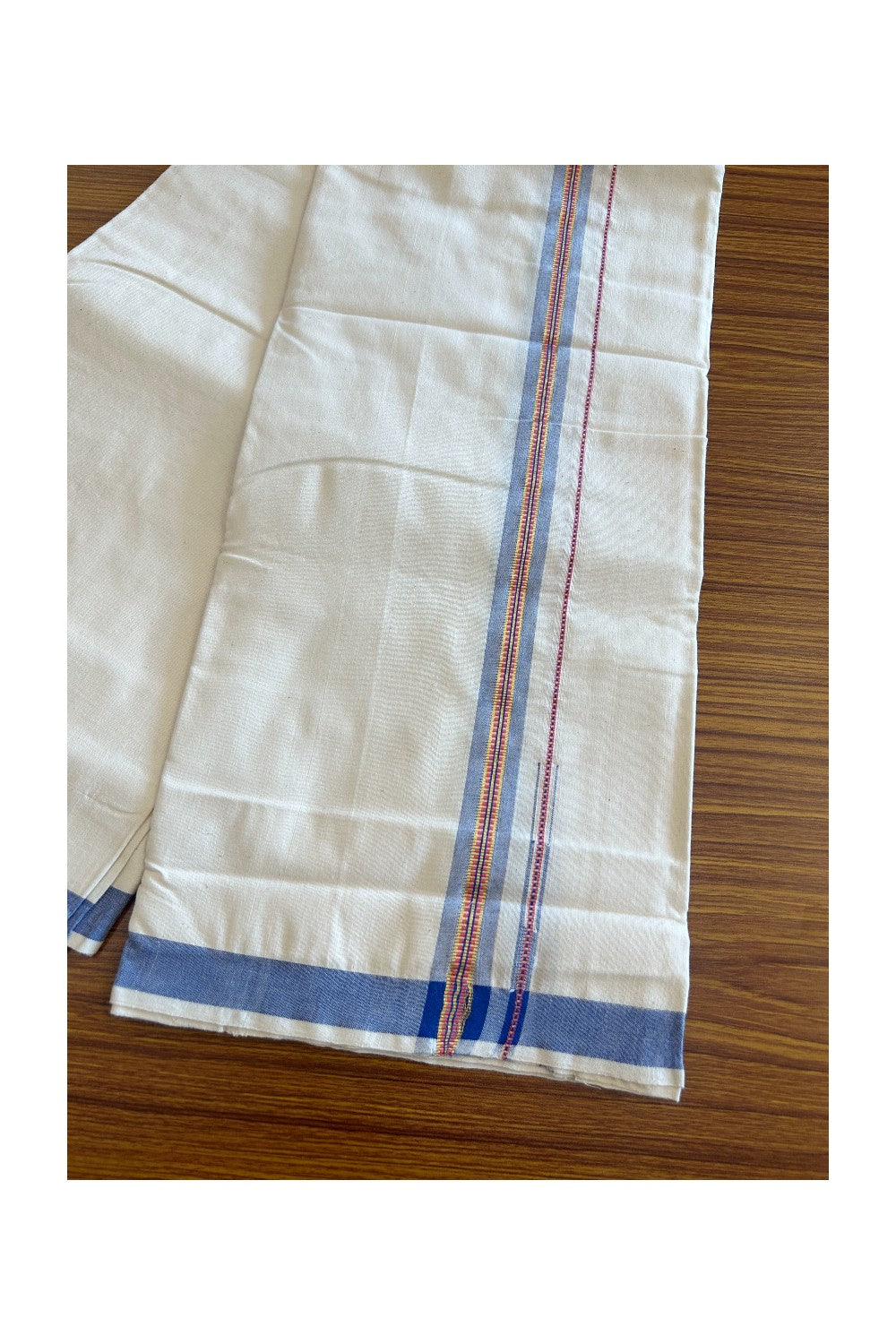 32% Discount ! KaithariKada 100% Cotton Balaramapuram HANDLOOM Single Mundu/Dhoti - Off White (Unbleached) 1.Inch (2 meter / 4 muzham) Blue & Red Stripes Kasavu Puliyilakkara Chutty- KAIHS001.