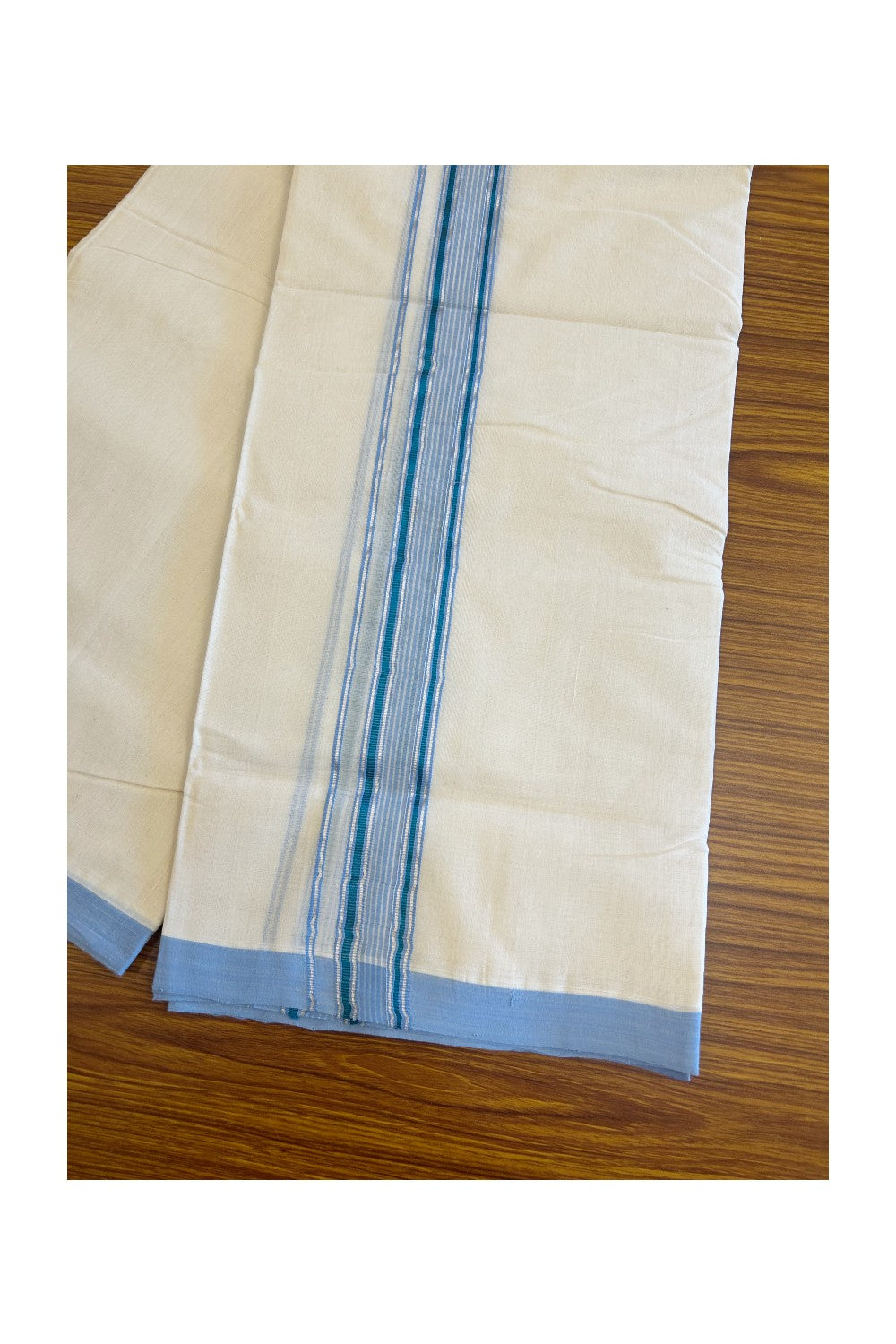 30% DISCOUNT!! KaithariKada HANDLOOM Millpaav Balaramapuram - 100% PURE Cotton OFF White - (Unbleached)  Double Mundu/Dothi - Silver Kasavu with White & blue Stripes-2KK56RAM