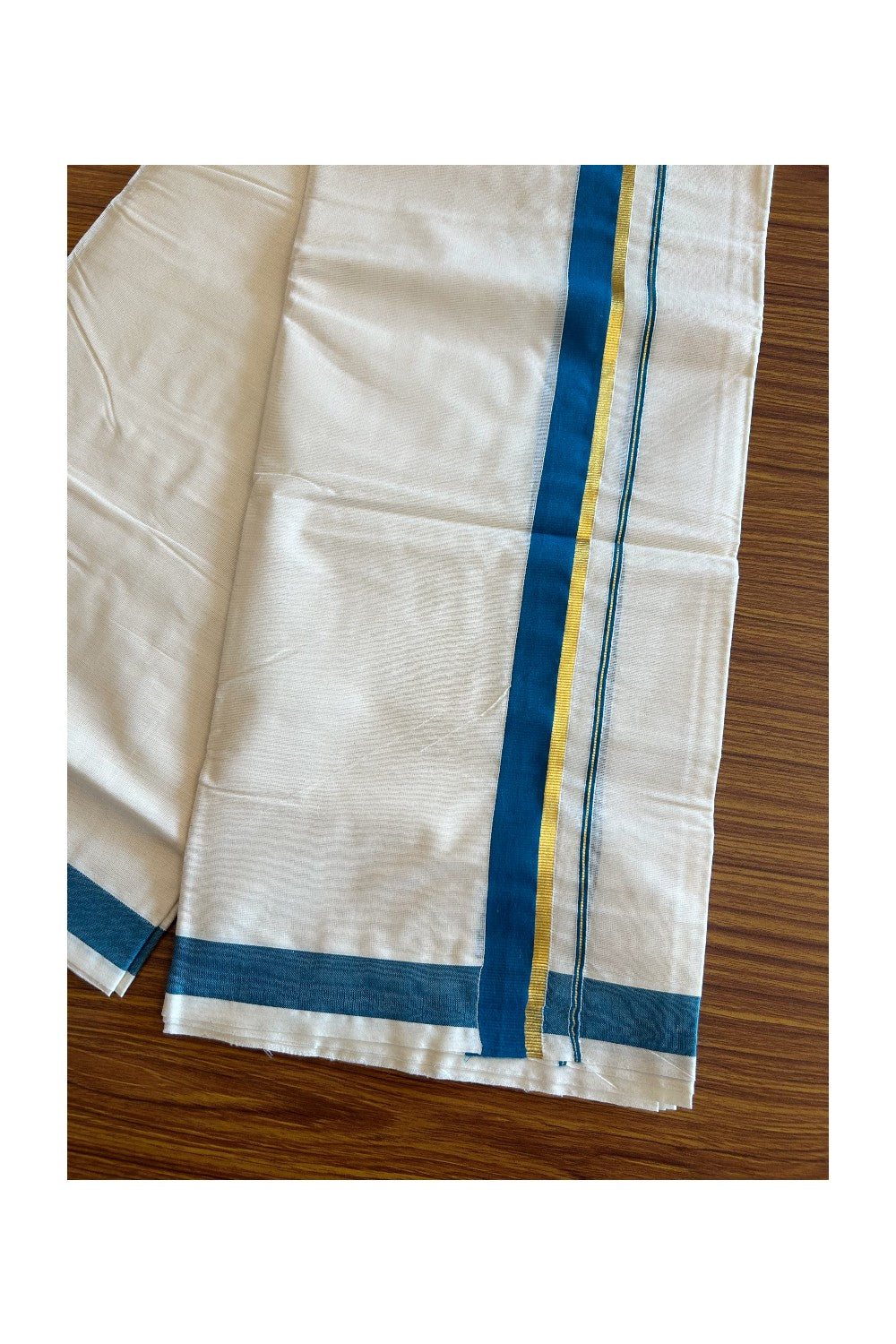 10% Discount! KaithariKada Balaramapuram 100% Cotton Off White - (Unbleached) Double Mundu/Dhoti-80x72 PEACOCK BLUE & KASAVU - 3KK57VIN