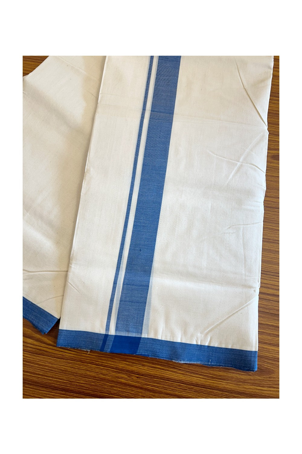 30% DISCOUNT!! KaithariKada HANDLOOM millpaav Balaramapuram - 100% PURE Cotton OFF White (Unbleached) Double Mundu/Dothi - 2 inch Blue Mulloth Kara 4.5 Meters (10 Muzham) - 33KK403RAM