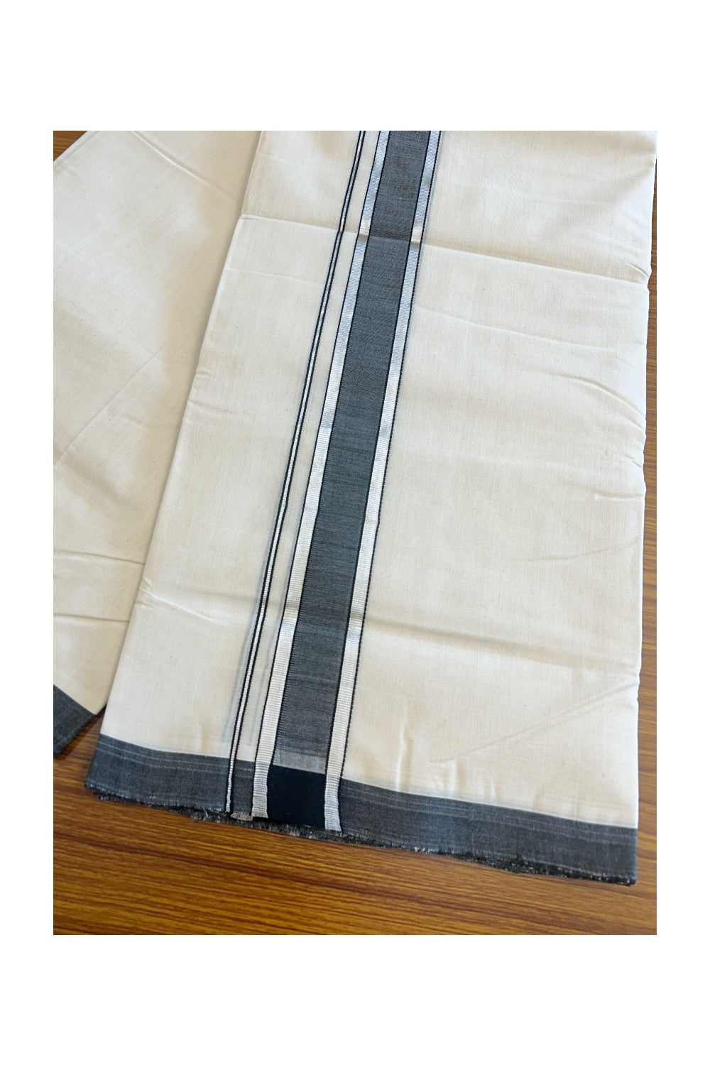 19% Discount !! KaithariKada HANDLOOM millpaav Balaramapuram - 100% PURE Cotton OFF White Double - (Unbleached)  Mundu/Dothi - 2.25  inch Silver kasavu & Black shaded kara 4.5 Meters (10 Muzham) - 9KK5081RAM