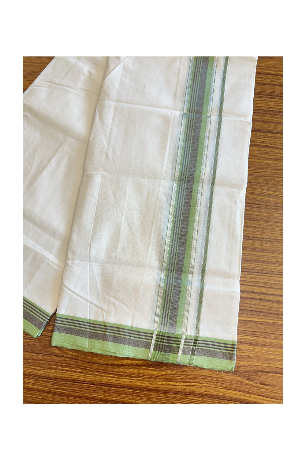 19% Discount !! KaithariKada HANDLOOM UNAKKUPAAV Balaramapuram - 100% PURE Cotton off white - (Unbleached) Double Mundu/Dhoti - 2.5 inch Silver kasavu Light Green & Maroon striped kara - 9KK5082RAM