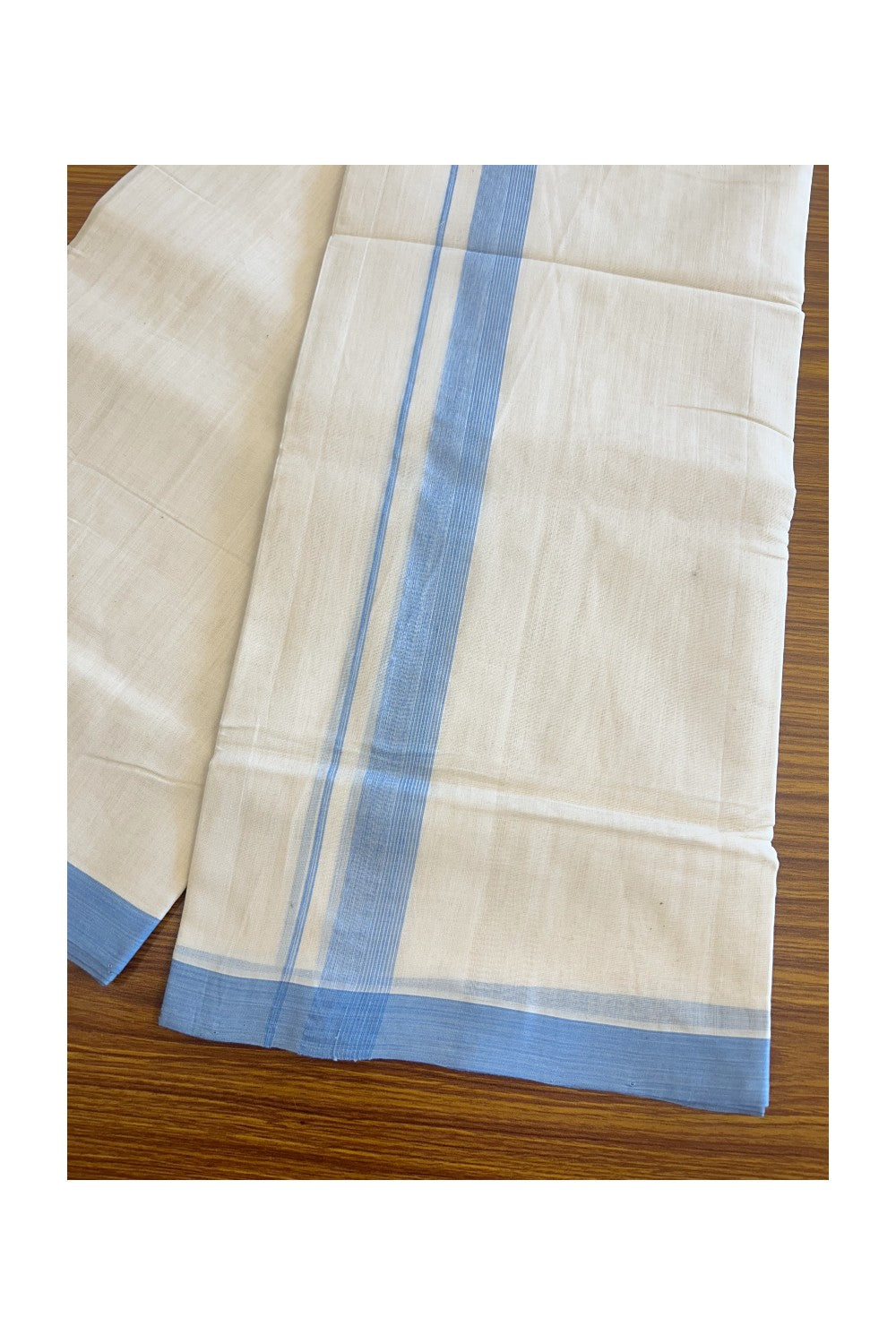 19% Discount!!! KaithariKada HANDLOOM UNAKKUPAAV Balaramapuram - 100% PURE Cotton off white (Unbleached) Double Mundu/Dhoti - 1.75 inch Sky Blue striped kara - 9KK5086UDY