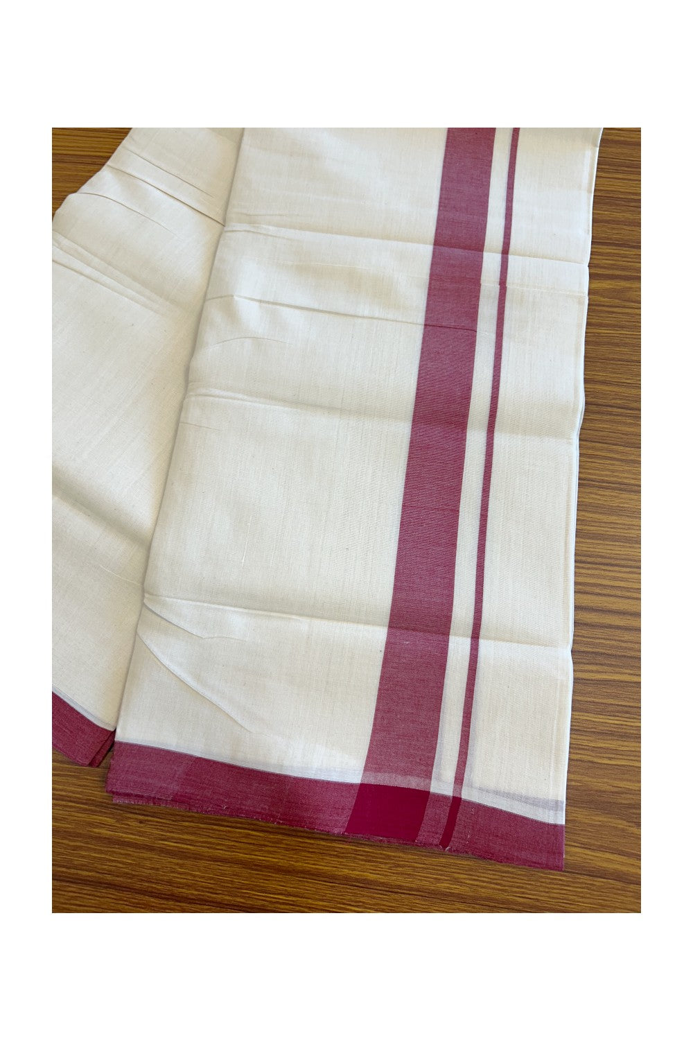 19% Discount! KaithariKada HANDLOOM UNAKKUPAAV Balaramapuram - 100% Cotton Double OFF White (Unbleached) - Mundu/Dhoti - 100x100 2 inch Mraroon Kara - 8KK5096YAR