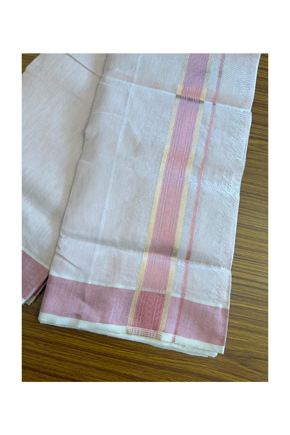 30% DISCOUNT! KaithariKada HANDLOOM Millpaav Balaramapuram - 100% PURE Cotton Off White (Unbleached) - Double Mundu/Dhoti - 2.75 inch Gold Kasavu Kara & Pink Tissue Body- 9KK5105RAM