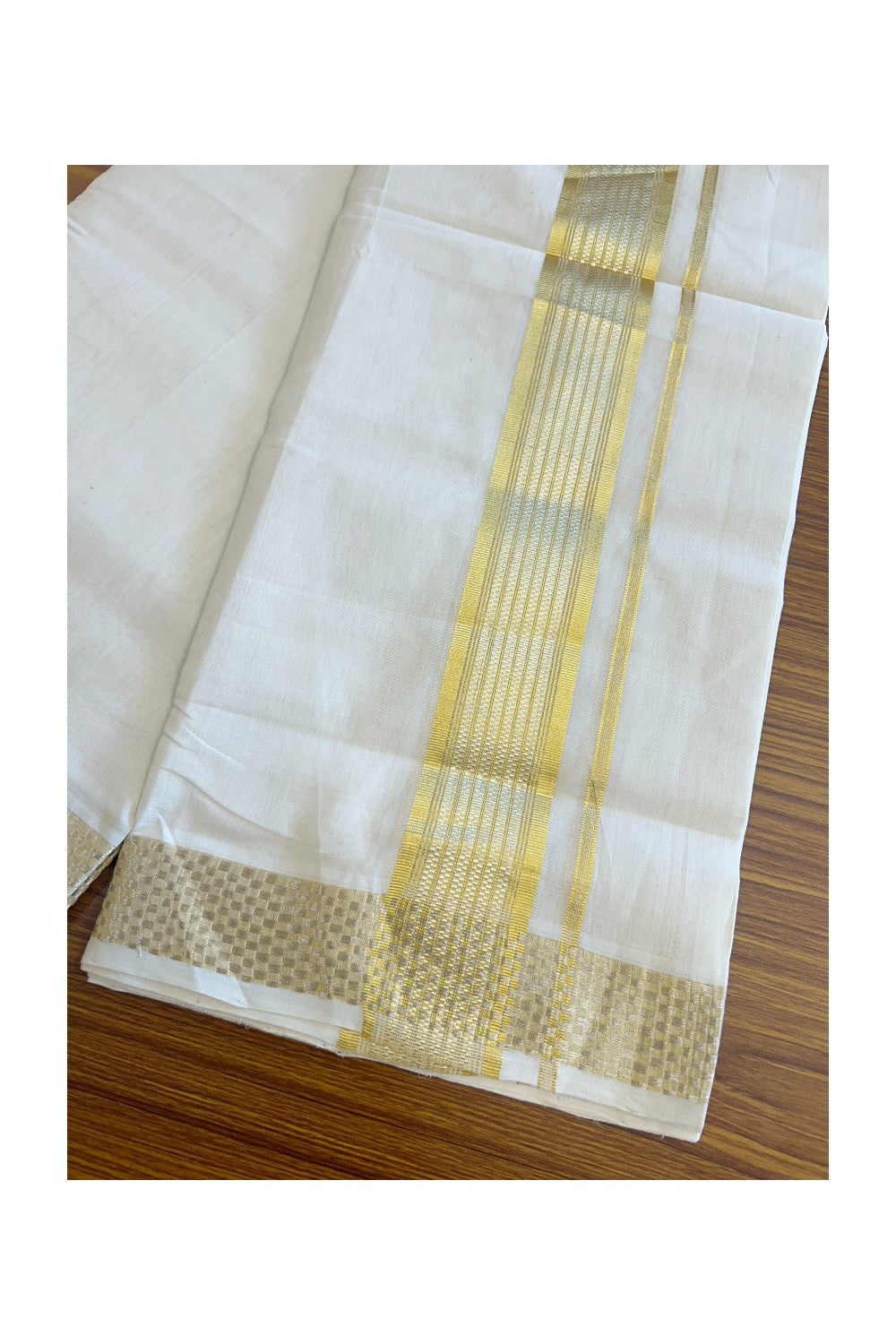 30% DISCOUNT ! KaithariKada HANDLOOM Unakkupaav Balaramapuram - 100% PURE Cotton Off White - (Unbleached) Double Mundu/Dhoti - 3 inch Gold Kasavu & Silver Shaded Striped Design Kara - 9KK5107ABH