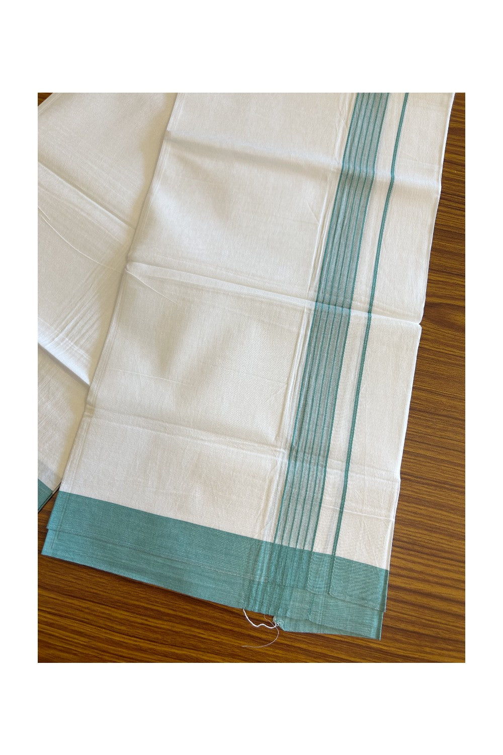 8% Discount ! Kaitharikada Balaramapuram 100% Cotton PURE WHITE SINGLE Mundu/Dothi- 1.75 inch Turquoise Green Striped Kara (2 meter / 4 muzham) - 9KK5018GAN