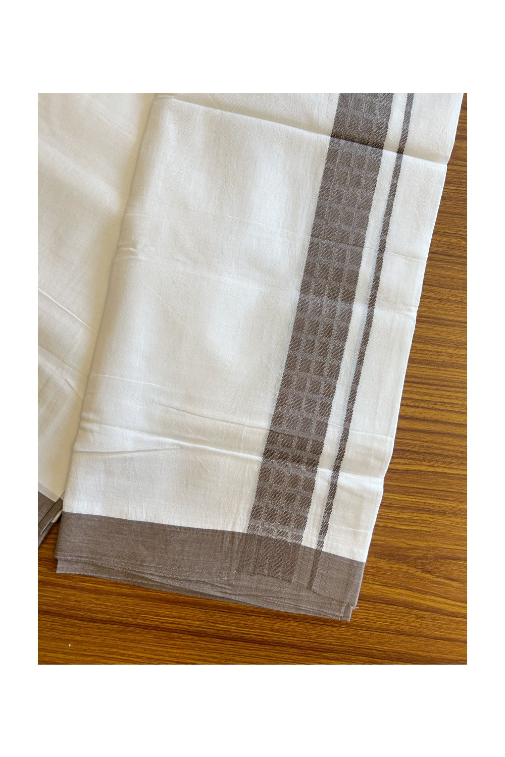 20% DISCOUNT! KaithariKada Balaramapuram 100% Cotton PURE WHITE Double Mundu/Dhoti - 100x80 - 1.75 inch Brown design kara - 9KK5109THI