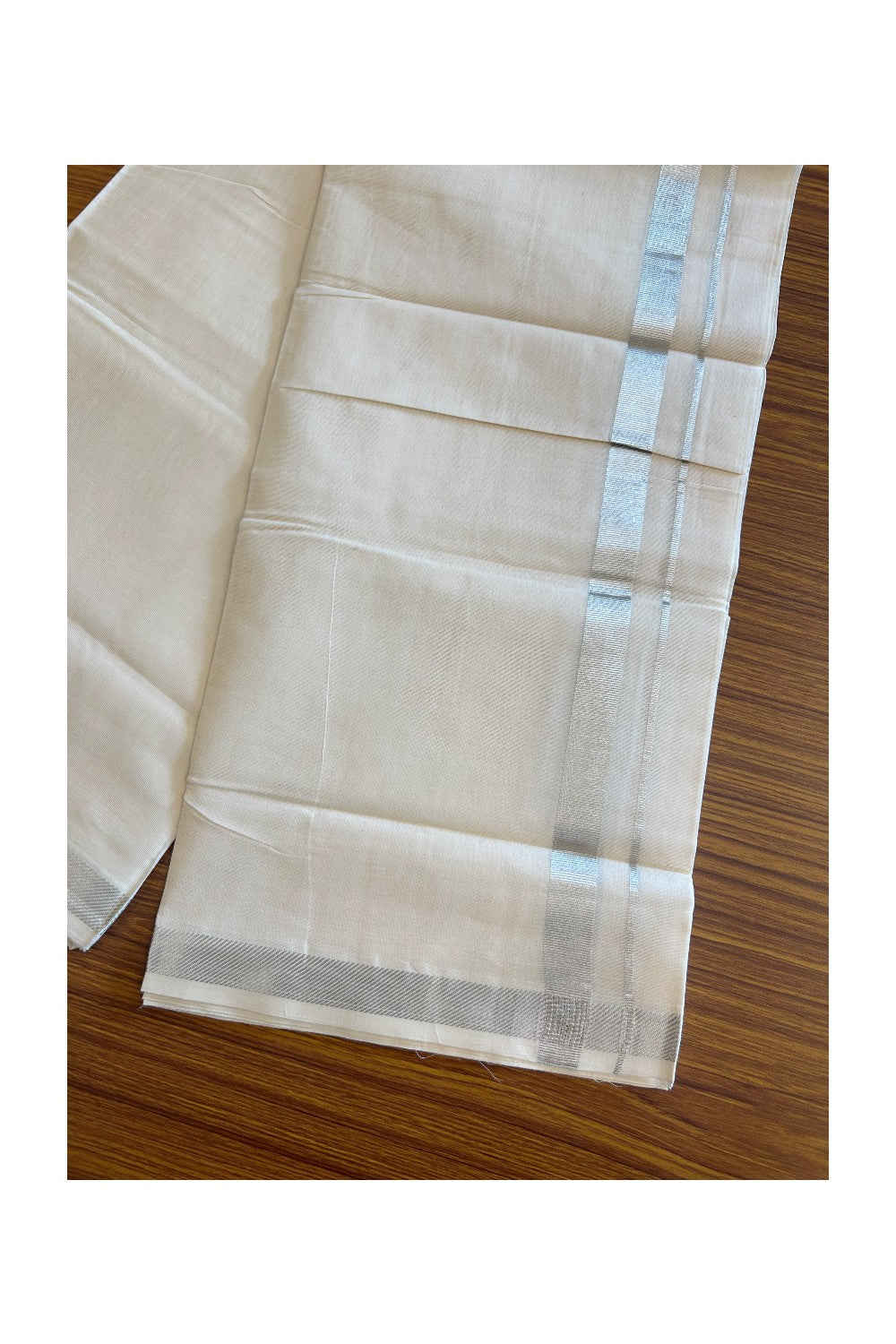 19% DISCOUNT! KaithariKada Balaramapuram 100% Cotton  Off white (Unbleached) Double Mundu/Dhoti-100x100 0.75 inch Silver Kasavu kara - 9KK5110THI