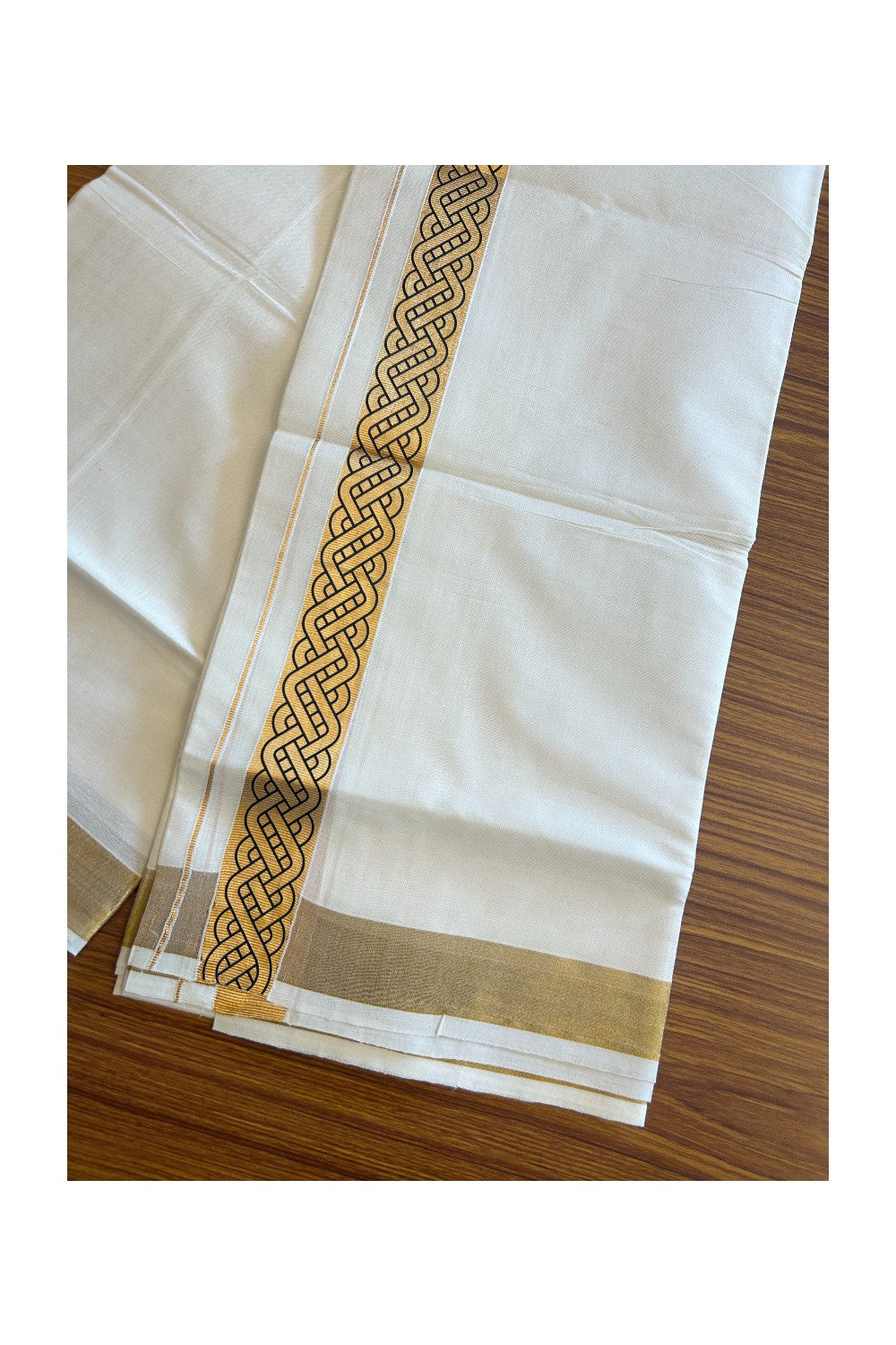 20% DISCOUNT ! KaithariKada Balaramapuram Mixed Cotton OFF White (Unbleached) Double Mundu/Dhoti - 80x80 Thread Mixed Cotton - 2 inch Gold kasavu & Black designer kara - 9KK5113PMC