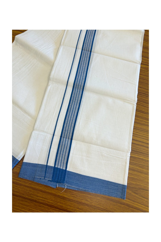 8% DISCOUNT ! KaithariKada Balaramapuram 100% Cotton Pure white Single Mundu/Dhoti - (40S) - 1.75  inch Blue Striped  Kara (2 meter / 4 muzham) - 9KK5115THI.