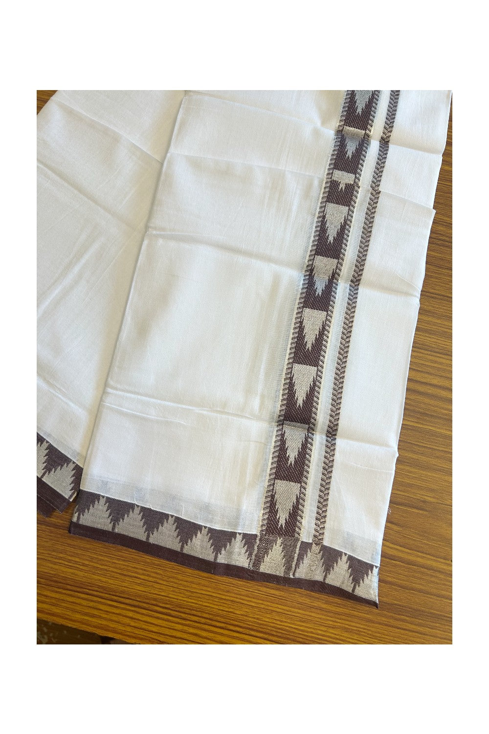 20% DISCOUNT! KaithariKada Balaramapuram 100% Cotton Double PURE white Mundu/Dhoti - 100x80 - 2 Inch Brown & Silver kasavu Temple Design Kara - 9KK5118PMC