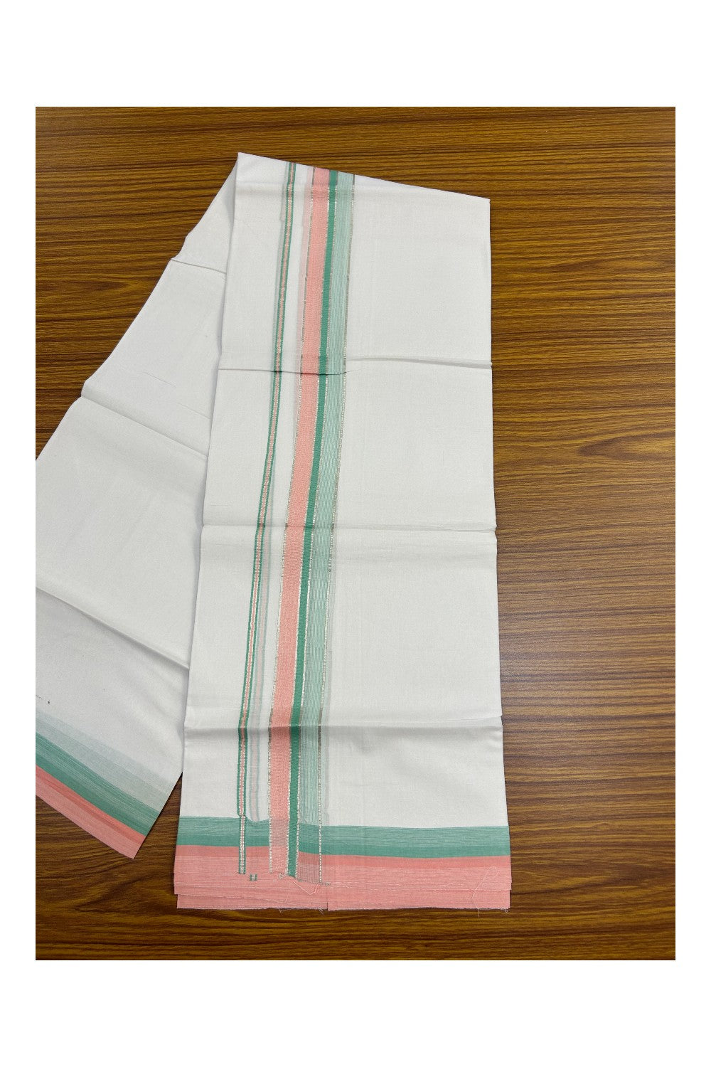 19% Discount !! KaithariKada Balaramapuram Double PURE WHITE Mundu/Dhoti- 100x80 - 1.5 inch Green Pink Kara Silver Striped kara - 9KK5143PMC