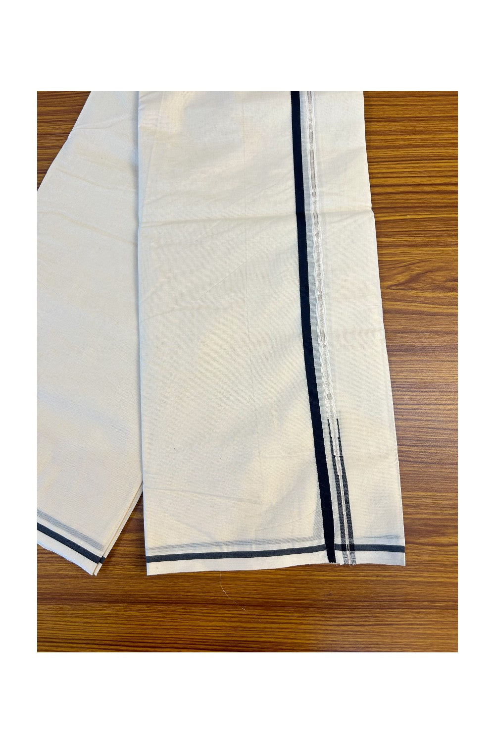 21% OFFER ! KaithariKada Balaramapuram 100% Cotton Double OFF WHITE (Unbleached) - Mundu/Dhoti-100x100  Puliyilakkara Chutty Black & SILVER Kasavu - 9KK67RAM