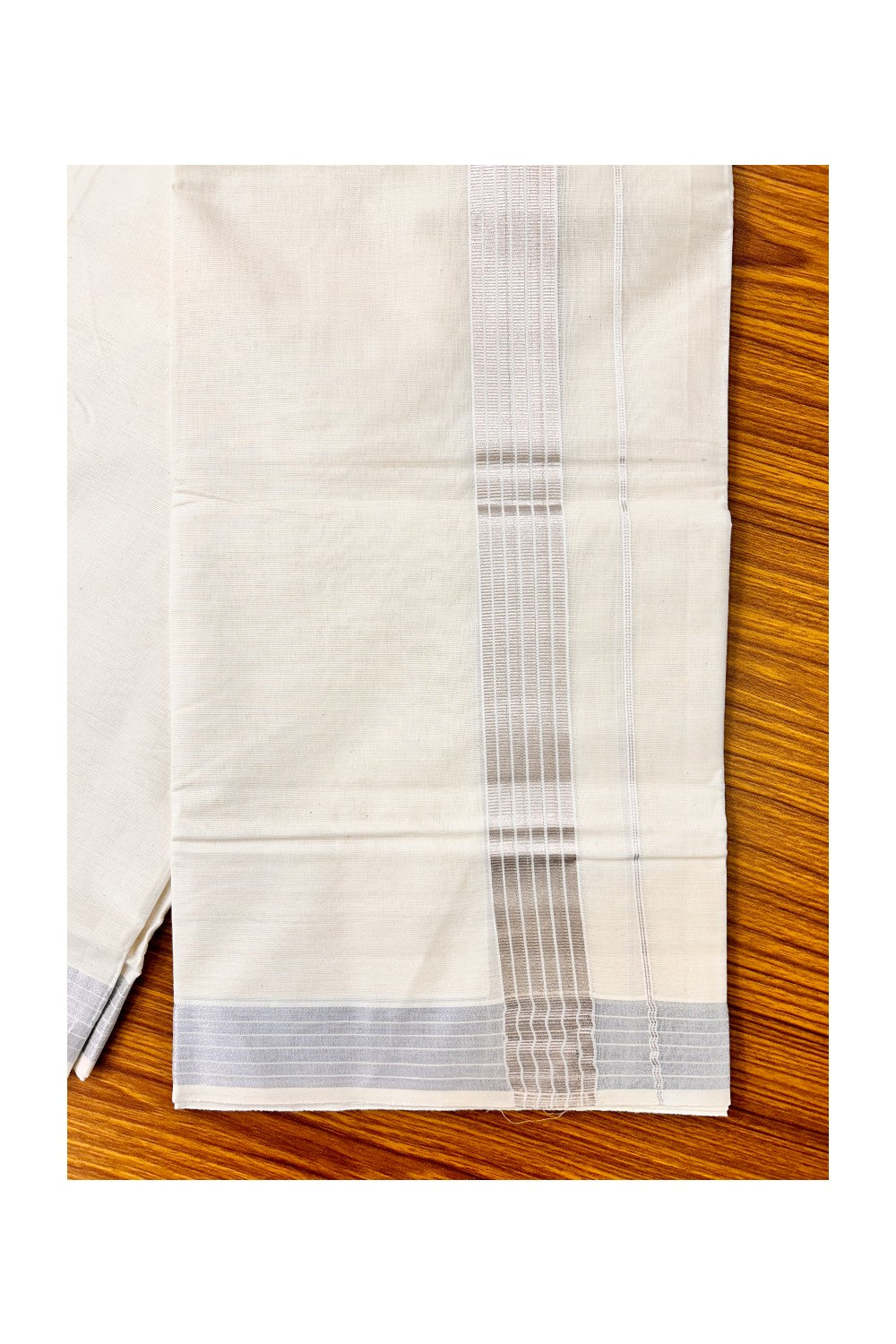 10% DISCOUNT! KaithariKada Balaramapuram 100% Cotton Double Off white Mundu/Dhoti-80X72- 2.5 inch Stripes SILVER Kasavu Kara-9VIN