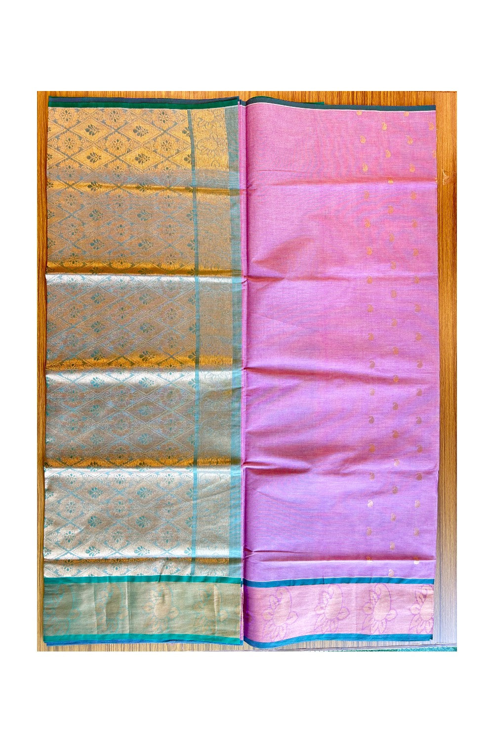 KaithariKada- Balaramapuram Saree - 100% PURE Cotton Silk - Turkish Rose & Green Design -9KK1005PAN.