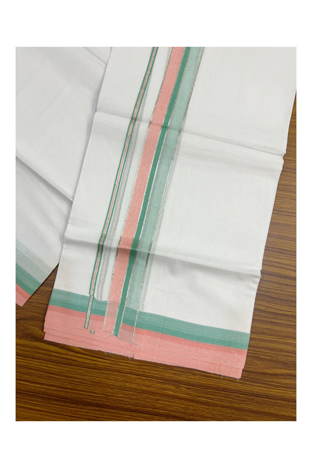 19% Discount !! KaithariKada Balaramapuram Double PURE WHITE Mundu/Dhoti- 100x80 - 1.5 inch Green Pink Kara Silver Striped kara - 9KK5143PMC