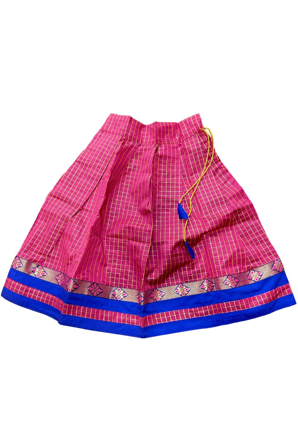 Midukki-Traditional South Indian Kids Pattu Pavada- Blue top pink check skirt - Age 7 - KK7MID009