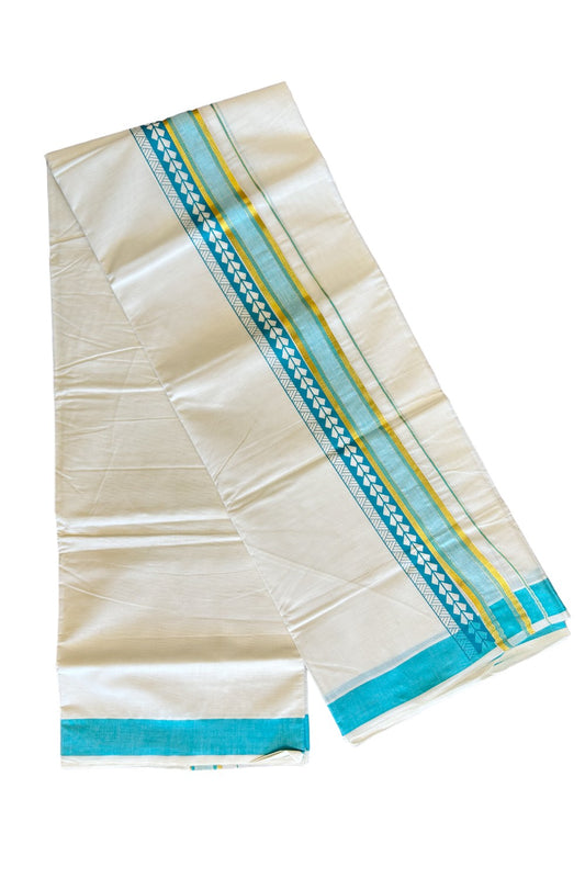 32% Discount !! KaithariKada Balaramapuram 100% Cotton Off white Double Mundu/Dhoti - 80x72 - 3.25 Inch Kasavu Turquoise blue & white shaded pattern printed kara - 92KK470VIN