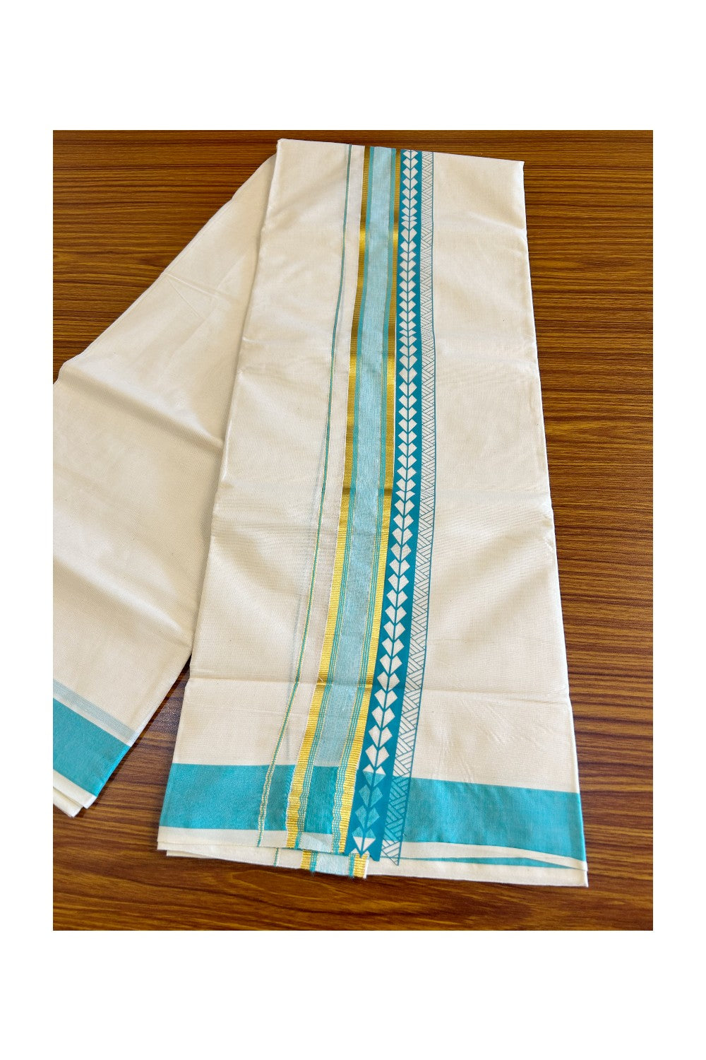 32% Discount !! KaithariKada Balaramapuram 100% Cotton Off white Double Mundu/Dhoti - 80x72 - 3.25 Inch Kasavu Turquoise blue & white shaded pattern printed kara - 92KK470VIN