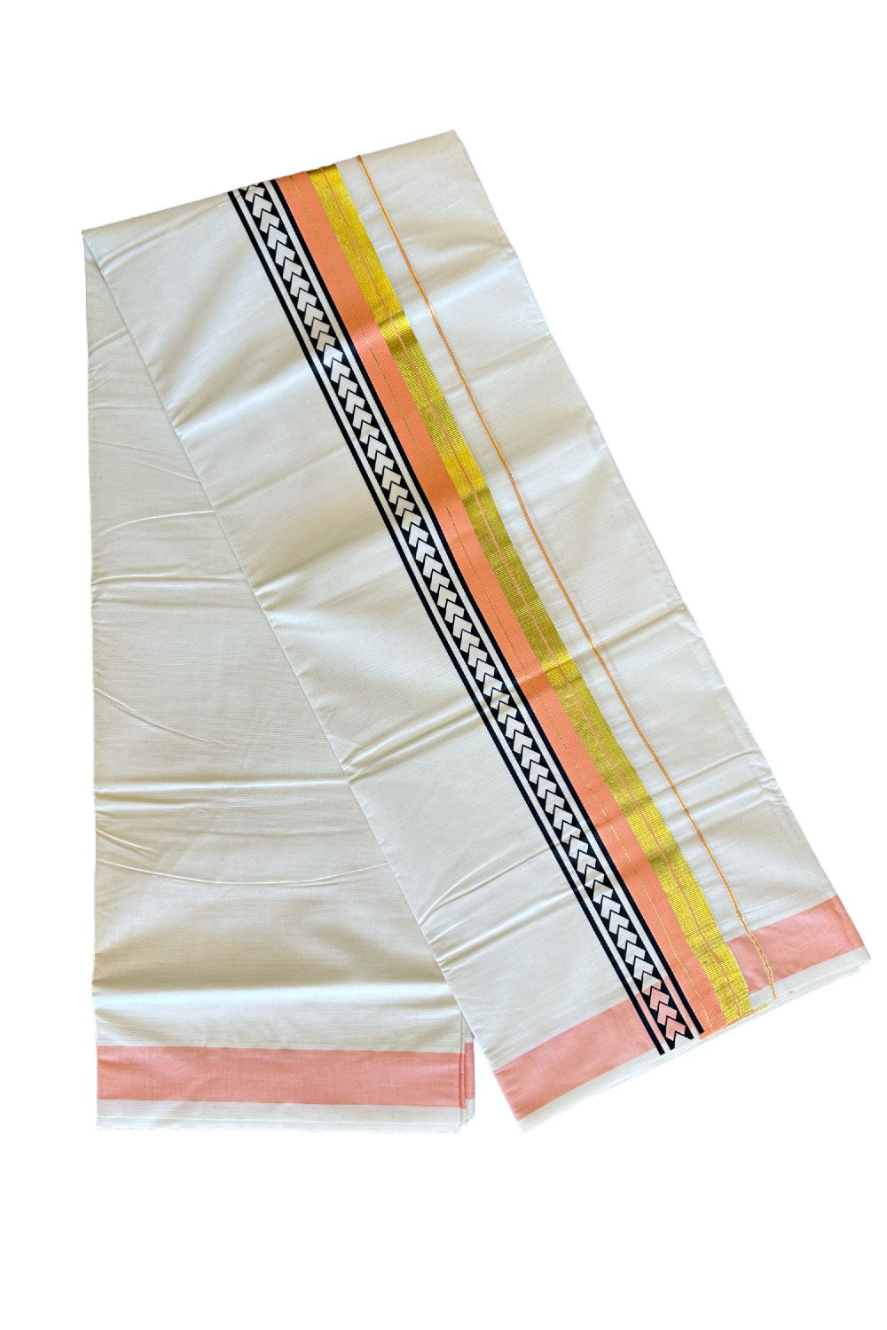 32% Discount !! KaithariKada Balaramapuram 100% Cotton Off white Double Mundu/Dhoti - 80x72 - 3.25 Inch Kasavu & Peach stripes Black pattern printed kara - 96KK470VIN