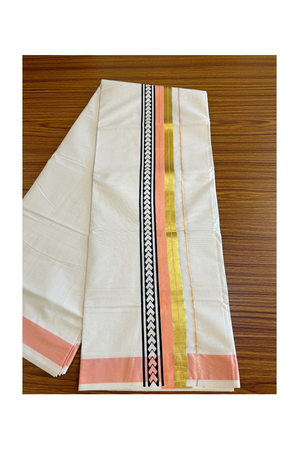 32% Discount !! KaithariKada Balaramapuram 100% Cotton Off white Double Mundu/Dhoti - 80x72 - 3.25 Inch Kasavu & Peach stripes Black pattern printed kara - 96KK470VIN