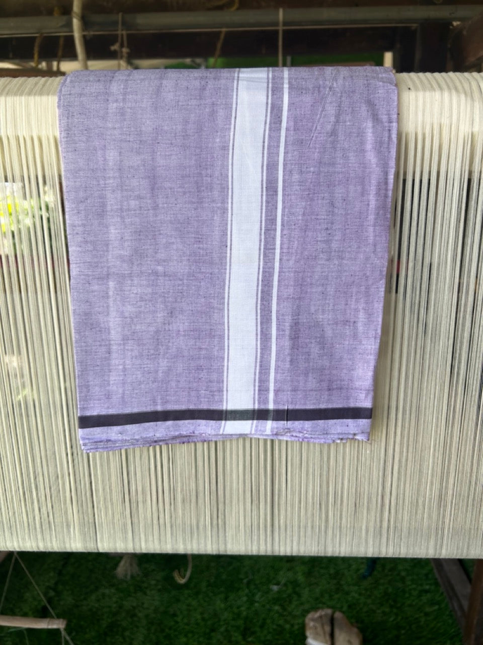 10% DISCOUNT ! KaithariKada Kalamachal 100% Pure Cotton - (80X80) Twisted Thread Handloom Single Mundu/Dhoti - Violet COLOUR  BODY & White stripes 4.5 cm Kara- 19KK479KAL