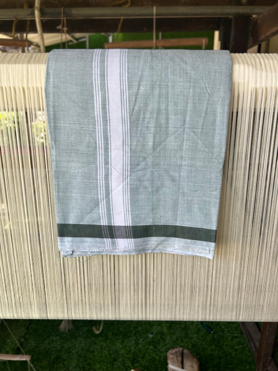 26% DISCOUNT ! KaithariKada Kalamachal 100% Pure Cotton - (80X80) Twisted Thread Handloom Single Mundu/Dhoti - Ash Gray COLOUR  BODY & White stripes 1.75 inch Kara- 17KK479KAL