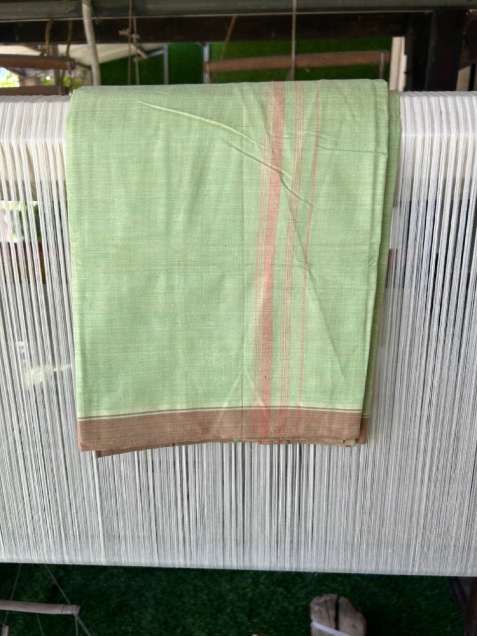 15% DISCOUNT ! KaithariKada Kalamachal 100% Pure Cotton - (80X80) Twisted Thread Handloom Single Mundu/Dhoti - Light Green COLOUR  BODY & Brown stripes 1.5 inch Kara- 16KK479KAL