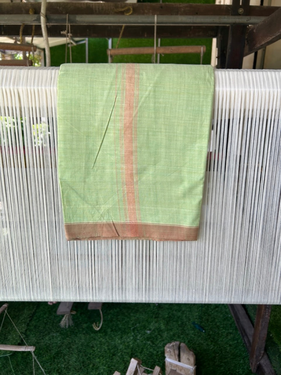 15% DISCOUNT ! KaithariKada Kalamachal 100% Pure Cotton - (80X80) Twisted Thread Handloom Single Mundu/Dhoti - Light Green COLOUR  BODY & Brown stripes 1.5 inch Kara- 15KK479KAL