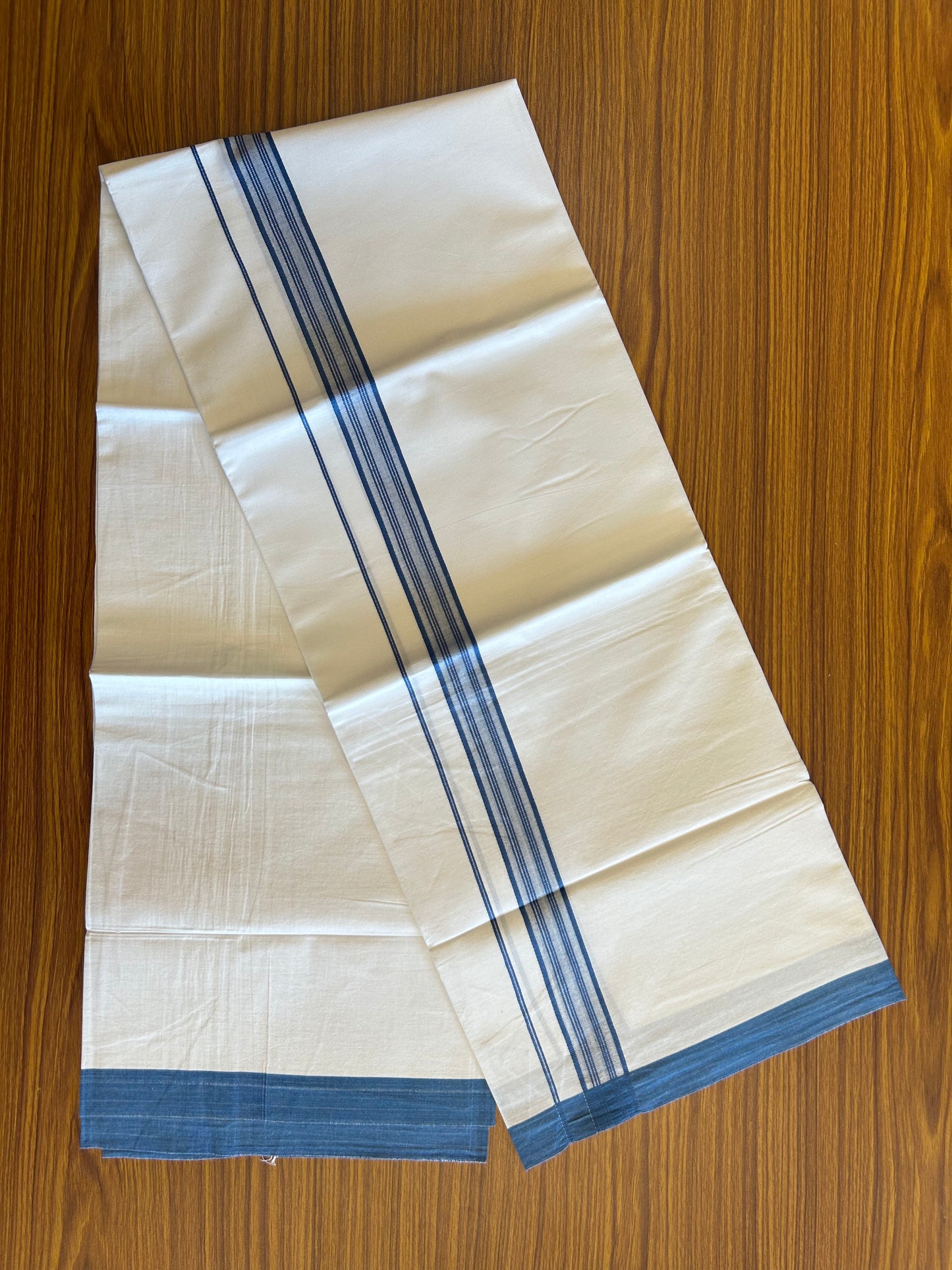 8% Discount ! Kaitharikada Balaramapuram 100% Cotton PURE WHITE SINGLE Mundu/Dothi- 1.75 inch Blue Striped Kara (2 meter / 4 muzham) - 2KK5018GAN