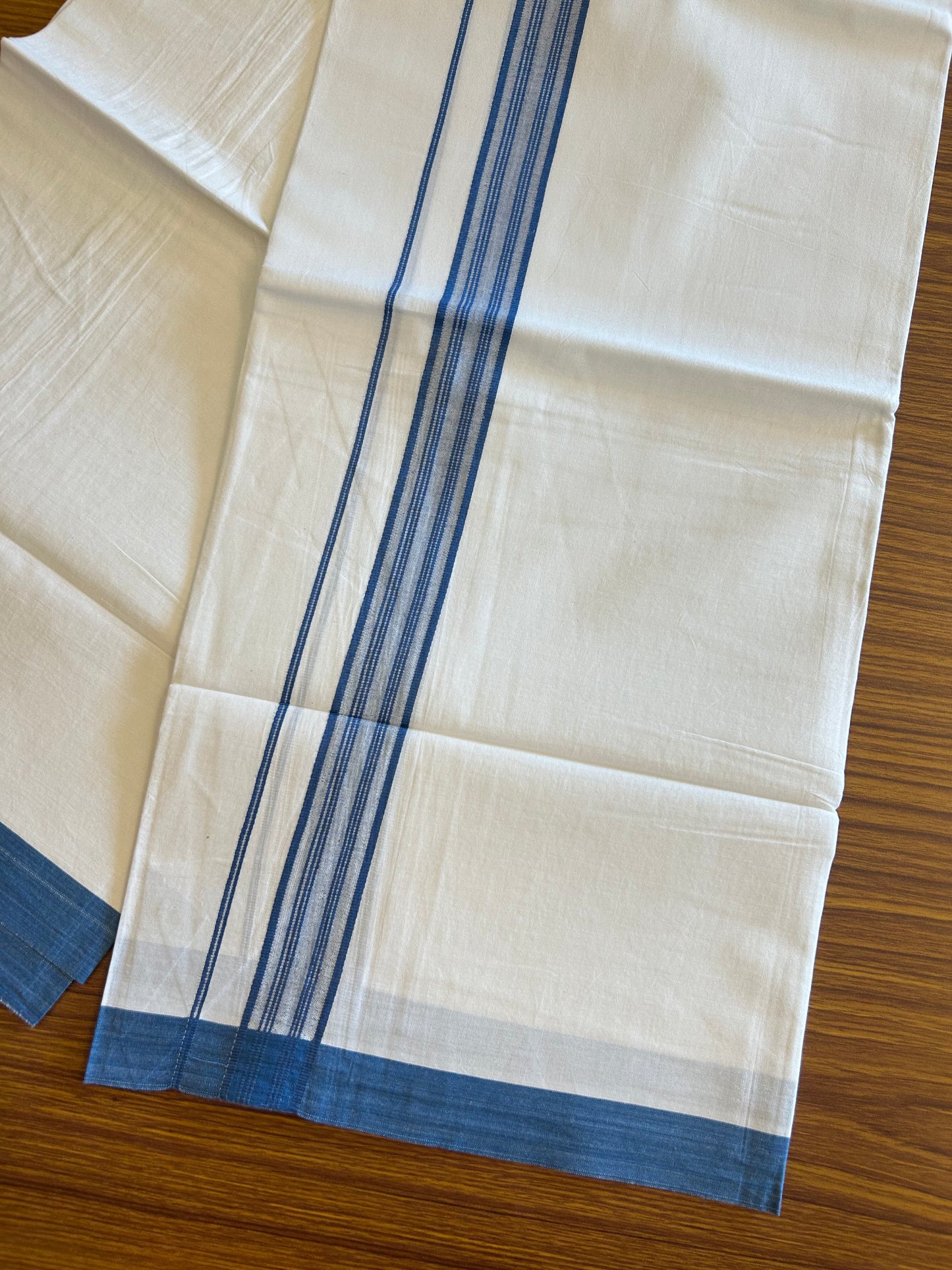 8% Discount ! Kaitharikada Balaramapuram 100% Cotton PURE WHITE SINGLE Mundu/Dothi- 1.75 inch Blue Striped Kara (2 meter / 4 muzham) - 2KK5018GAN