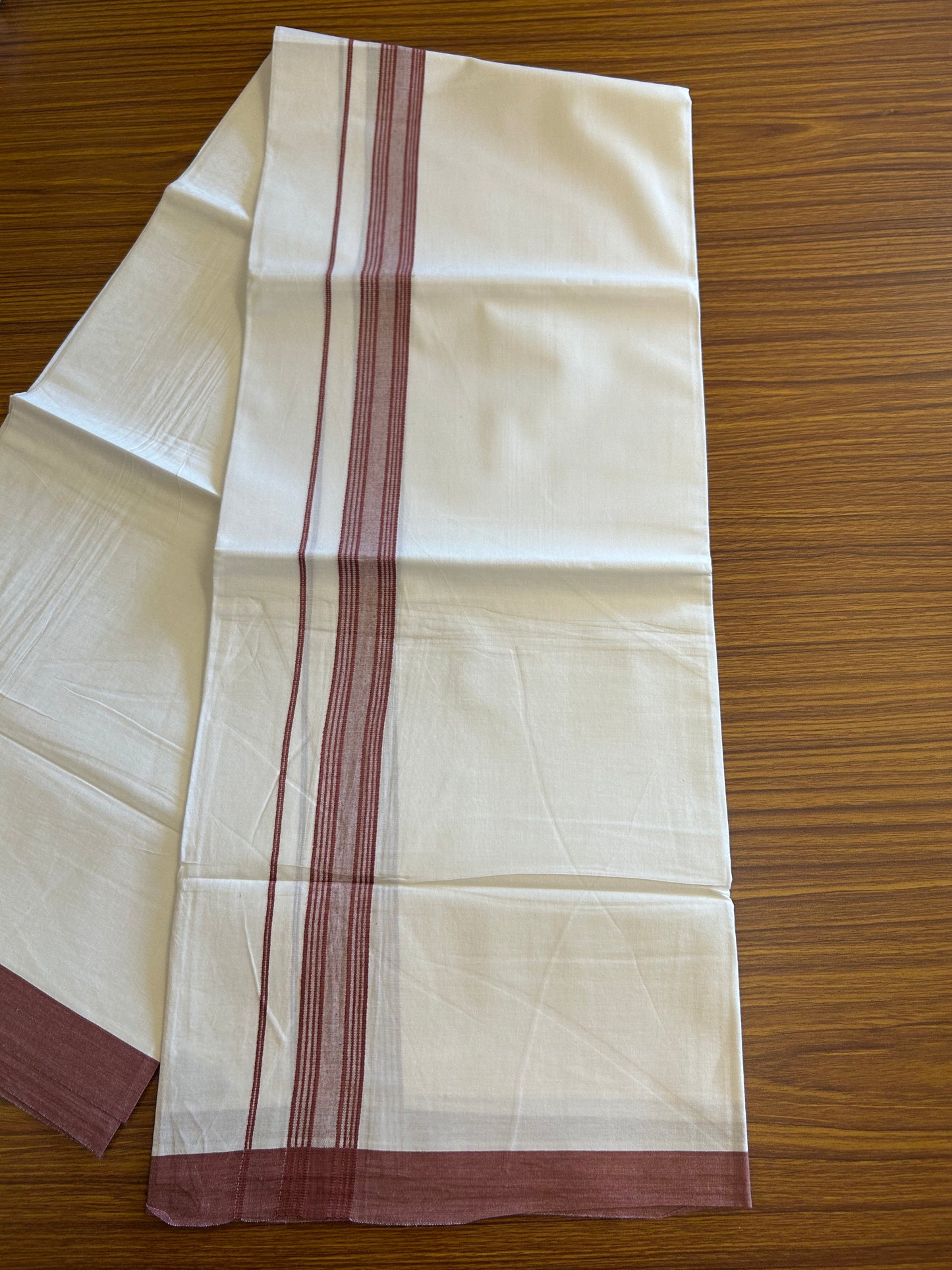 8% Discount ! Kaitharikada Balaramapuram 100% Cotton PURE WHITE SINGLE Mundu/Dothi- 1.75 inch Light Maroon Striped Kara (2 meter / 4 muzham) - 3KK5018GAN