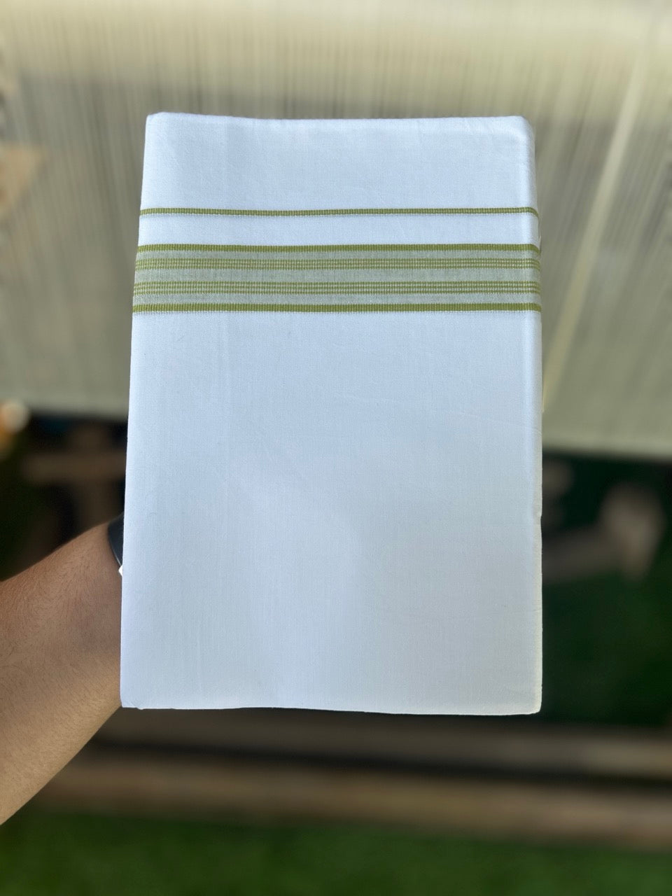 8% Discount ! Kaitharikada Balaramapuram 100% Cotton PURE WHITE SINGLE Mundu/Dothi- 1.75 inch Light Green Striped Kara (2 meter / 4 muzham) - 5KK5018GAN