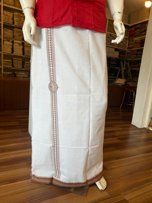 Kaitharikada Soft Cotton - Single Kaily / Lungi - 2 inch Brown Printed kuppadam kara with White colour body - 8KK8000AS