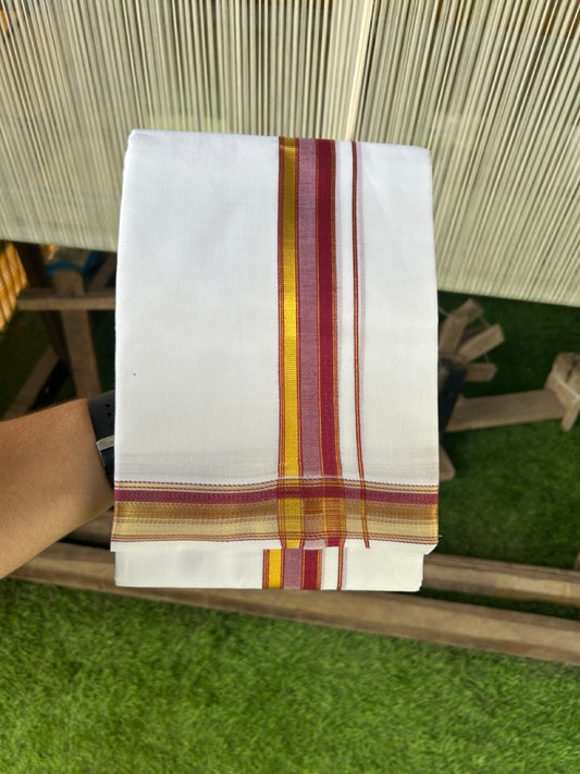 16% DISCOUNT! KaithariKada Balaramapuram 100% Mercerised Cotton Double PURE white Mundu/Dhoti - 100x100  1.75 inch Kasavu Maroon & White shaded stripes Kara - 32KK5108GAN