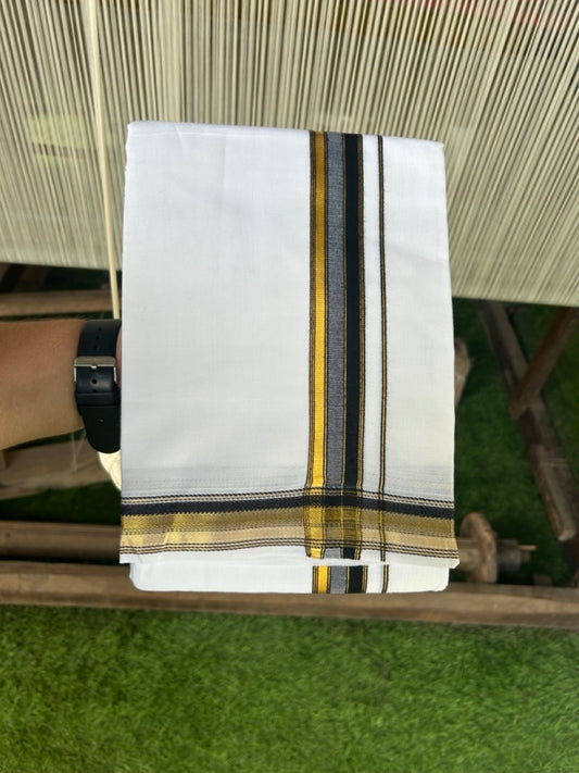 16% DISCOUNT! KaithariKada Balaramapuram 100% Mercerised Cotton Double PURE white Mundu/Dhoti - 100x100  1.75 inch Kasavu Black & White shaded stripes Kara - 27KK5108GAN