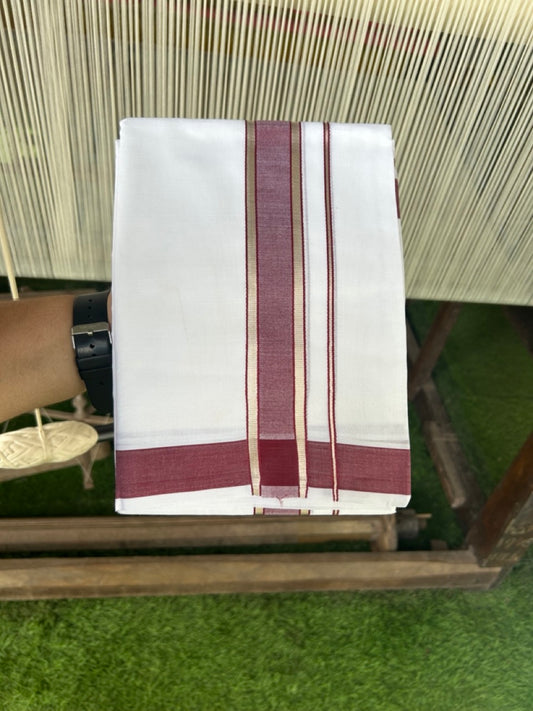 29% DISCOUNT! KaithariKada Balaramapuram 100% Mercerised Cotton Double PURE white Mundu/Dhoti - 100x100  2.25 inch Silver Kasavu & Maroon Kara - 31KK5108GAN