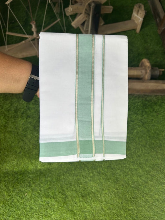 29% DISCOUNT! KaithariKada Balaramapuram 100% Mercerised Cotton Double PURE white Mundu/Dhoti - 100x100  2.25 inch Silver Kasavu &  Light Pista green Kara - 29KK5108GAN