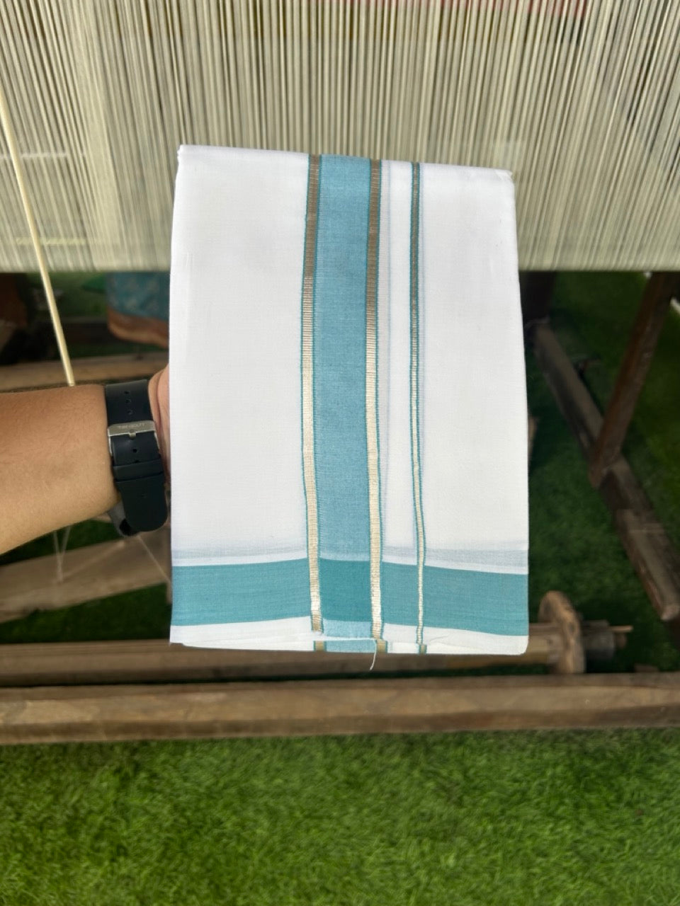 29% DISCOUNT! KaithariKada Balaramapuram 100% Mercerised Cotton Double PURE white Mundu/Dhoti - 100x100  2.25 inch Silver Kasavu &  Turquoise blue Kara - 28KK5108GAN