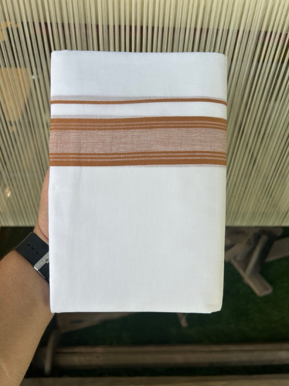 20% DISCOUNT!! KaithariKada Balaramapuram 100% Cotton PURE WHITE Double Mundu/Dhoti - 100x80 - 1.75 inch & 45 Inch Height Bronze Orange Shaded striped kara - 13KK5109THI