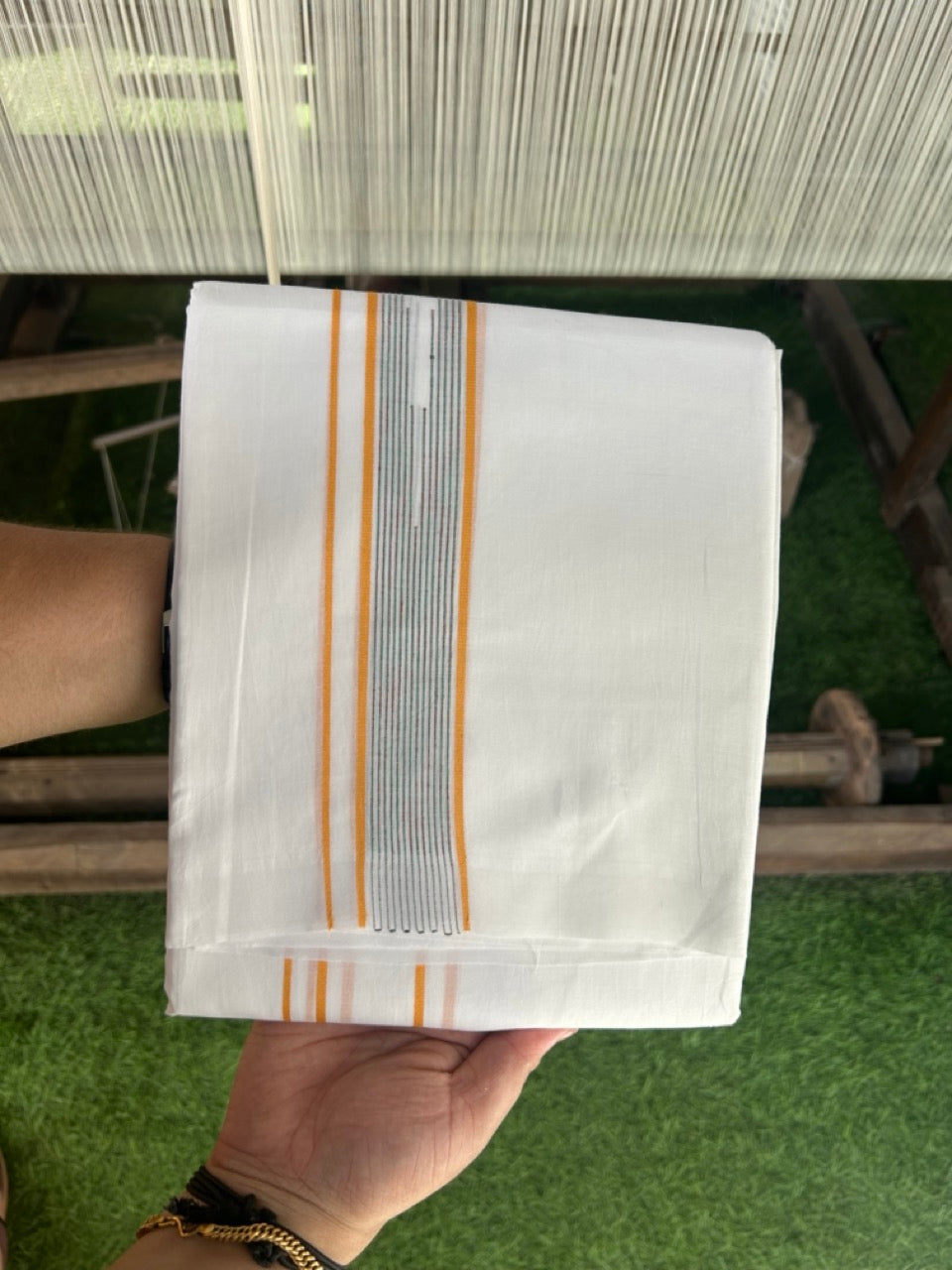 20% DISCOUNT!! KaithariKada Balaramapuram 100% Cotton PURE WHITE Double Mundu/Dhoti - 100x80 - 1.5 inch Yellow & Multicolour striped Chutty kara - 19KK5109THI