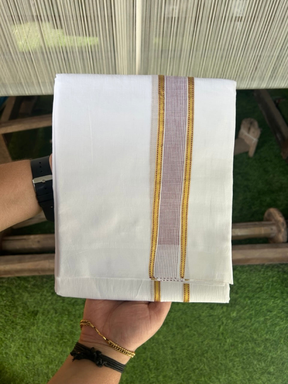 20% DISCOUNT!! KaithariKada Balaramapuram 100% Cotton PURE WHITE Double Mundu/Dhoti - 100x80 - 1.5 inch Wine Purple & Gold Kasav striped Chutty kara - 17KK5109THI